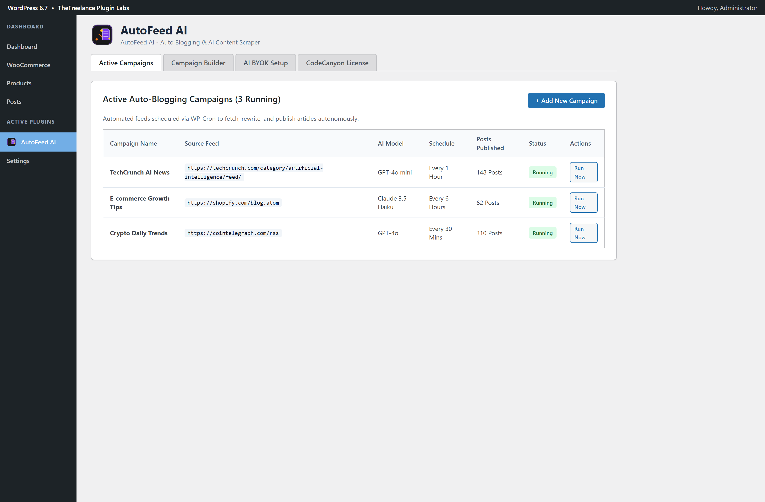 AutoFeed AI WordPress Admin Dashboard