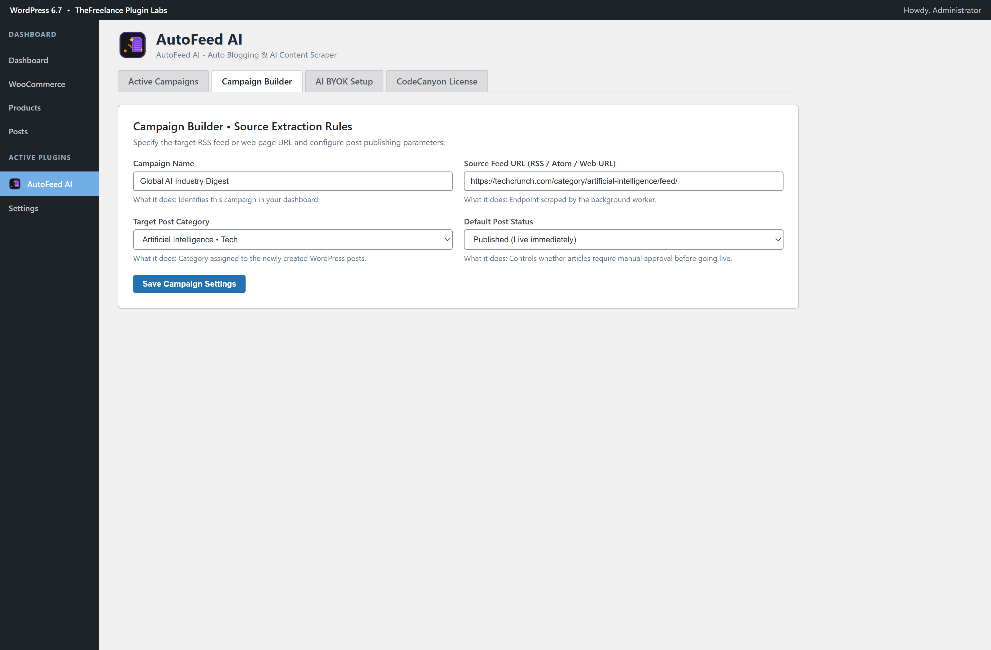 AutoFeed AI WordPress Admin Dashboard