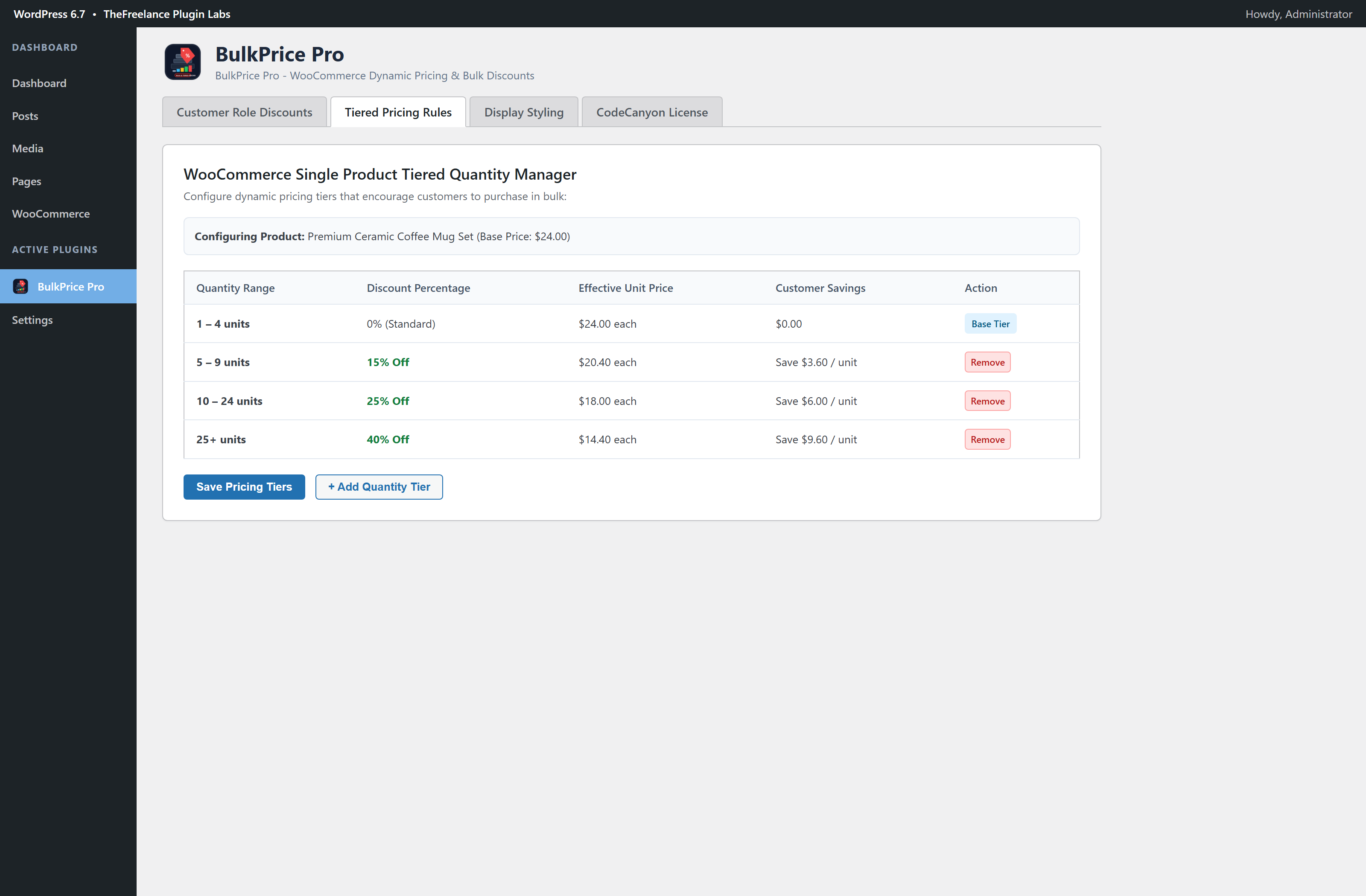BulkPrice Pro WordPress Admin Dashboard