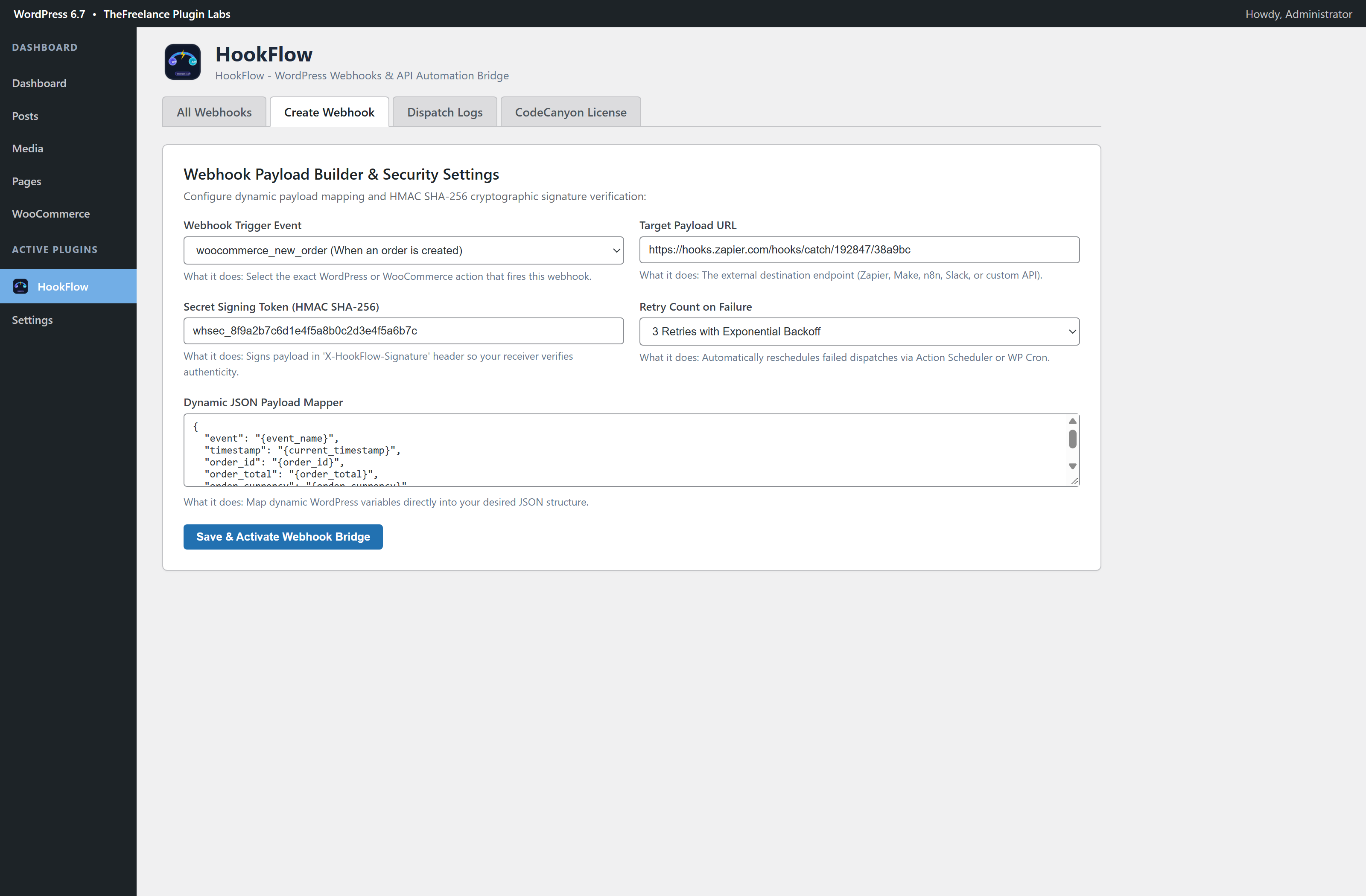 HookFlow WordPress Admin Dashboard