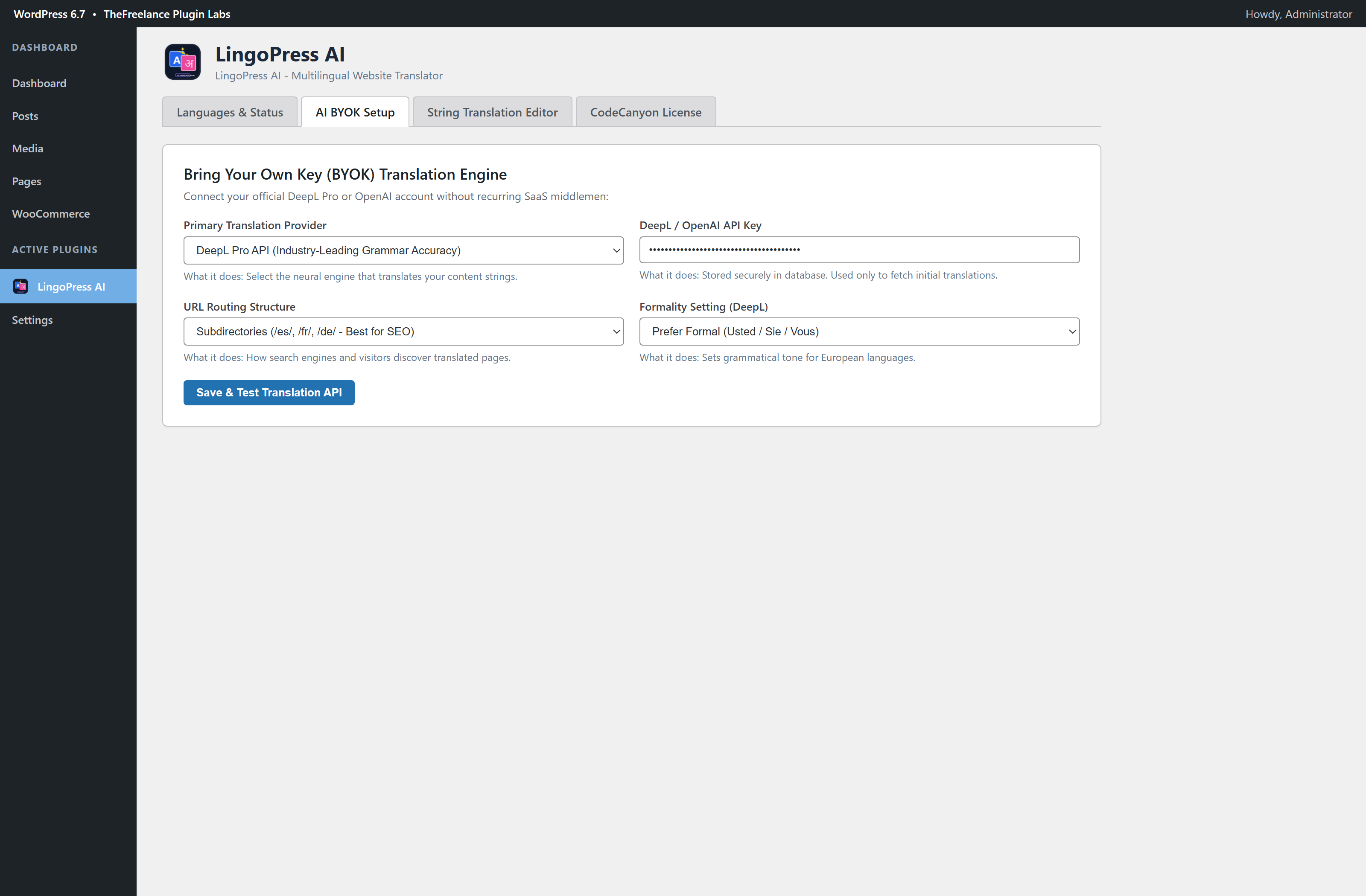 LingoPress AI WordPress Admin Dashboard