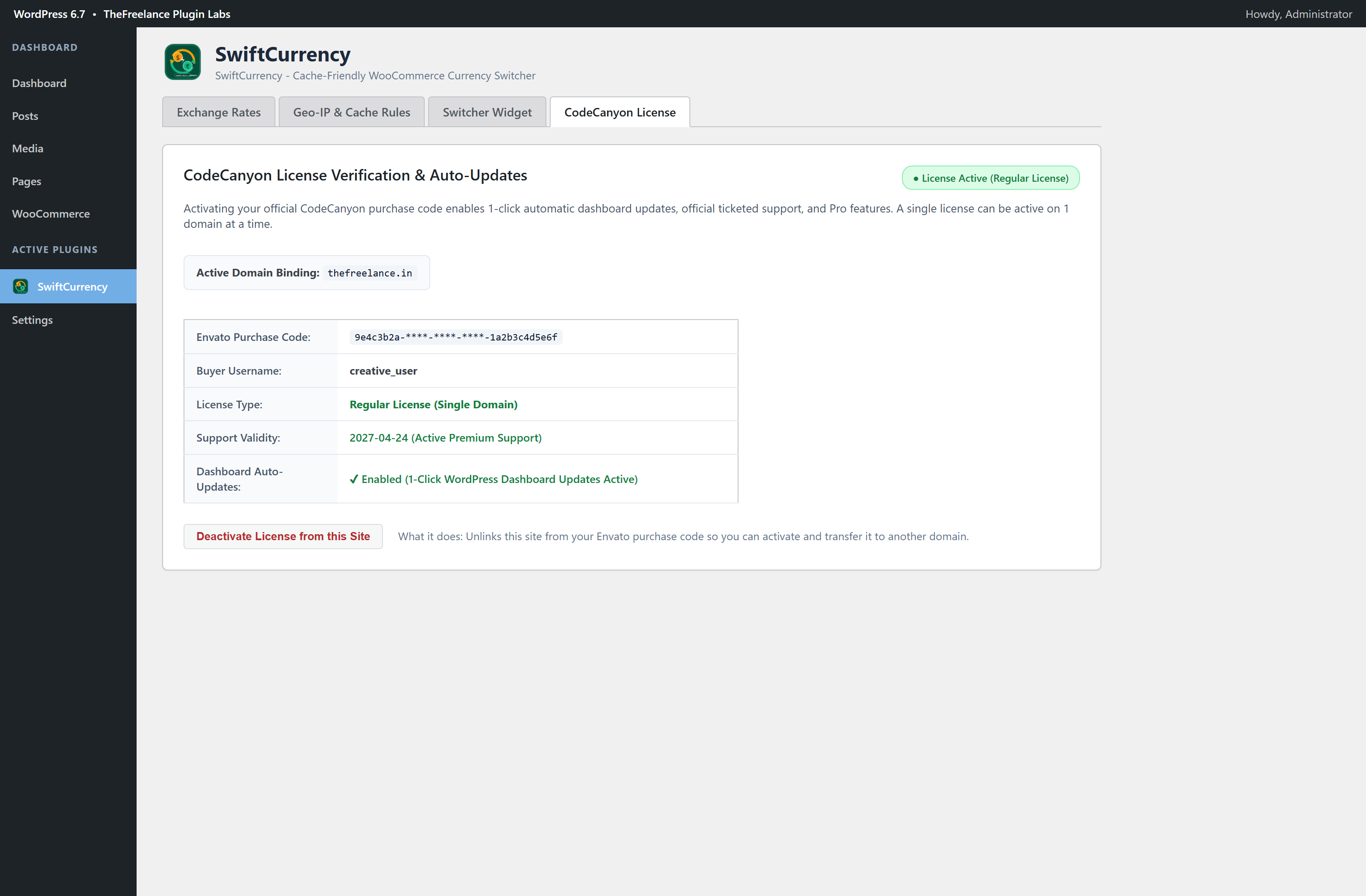 SwiftCurrency WordPress Admin Dashboard
